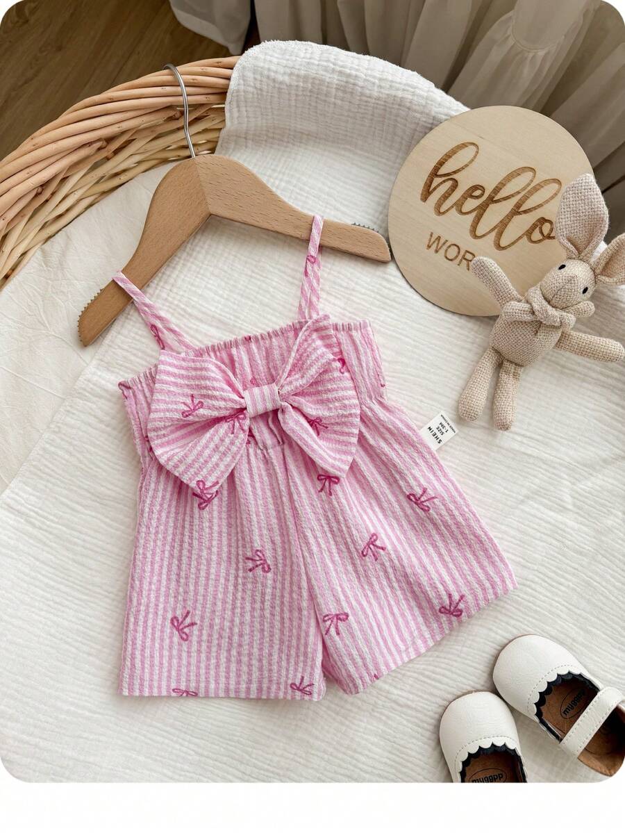 Baby Pink Striped Bow Strap Romper for Cute Summer Vacation Daily Wear