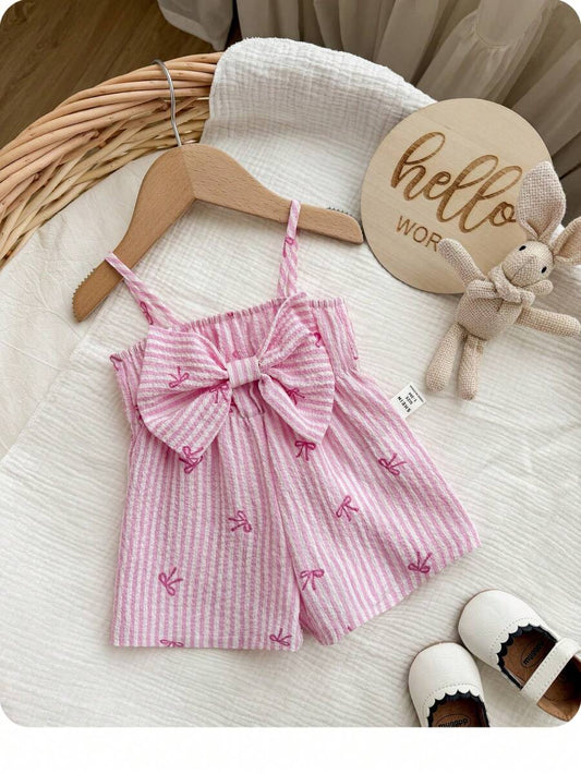 Baby Pink Striped Bow Strap Romper for Cute Summer Vacation Daily Wear