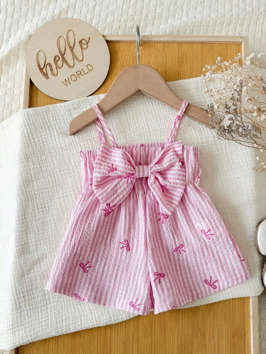 Baby Pink Striped Bow Strap Romper for Cute Summer Vacation Daily Wear