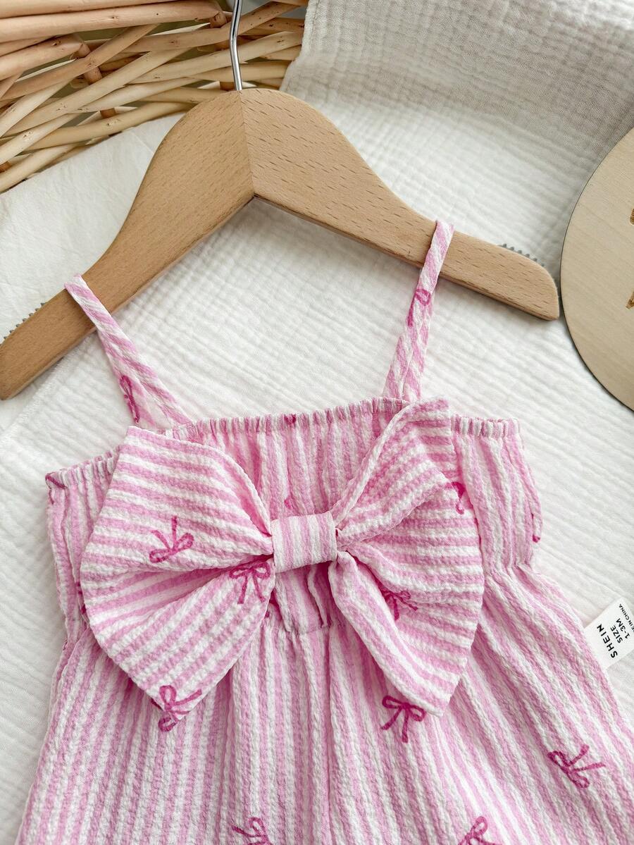 Baby Pink Striped Bow Strap Romper for Cute Summer Vacation Daily Wear