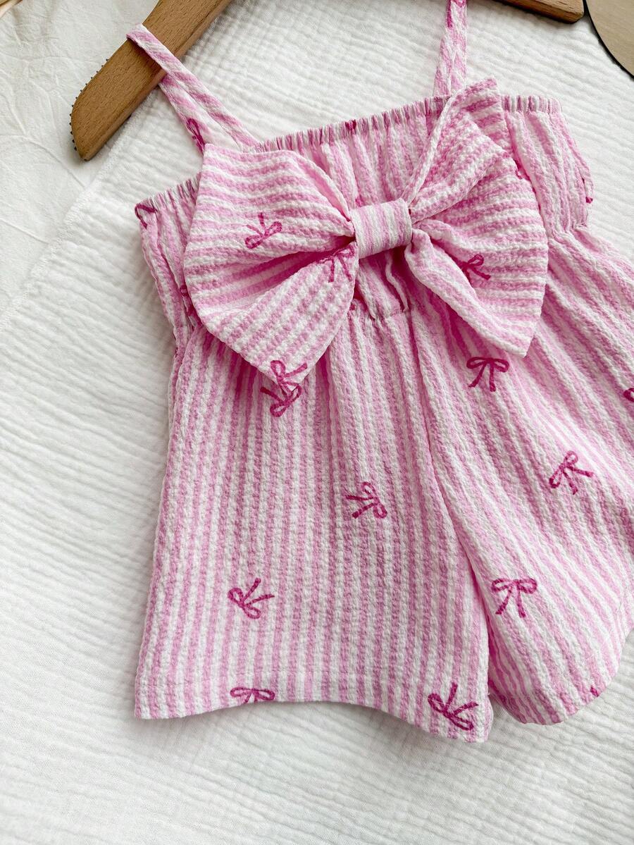 Baby Pink Striped Bow Strap Romper for Cute Summer Vacation Daily Wear