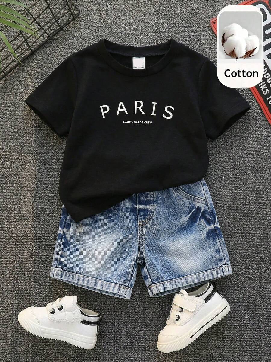 Baby Boy Black and White Striped T Shirt and Denim Shorts 2 Piece Casual Spring Summer Outfit Set