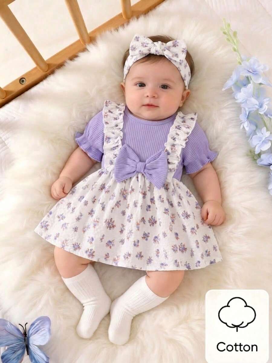 2PCS Baby Blue Floral Dress and Headband Set for Cute Summer Tea Parties and Outings