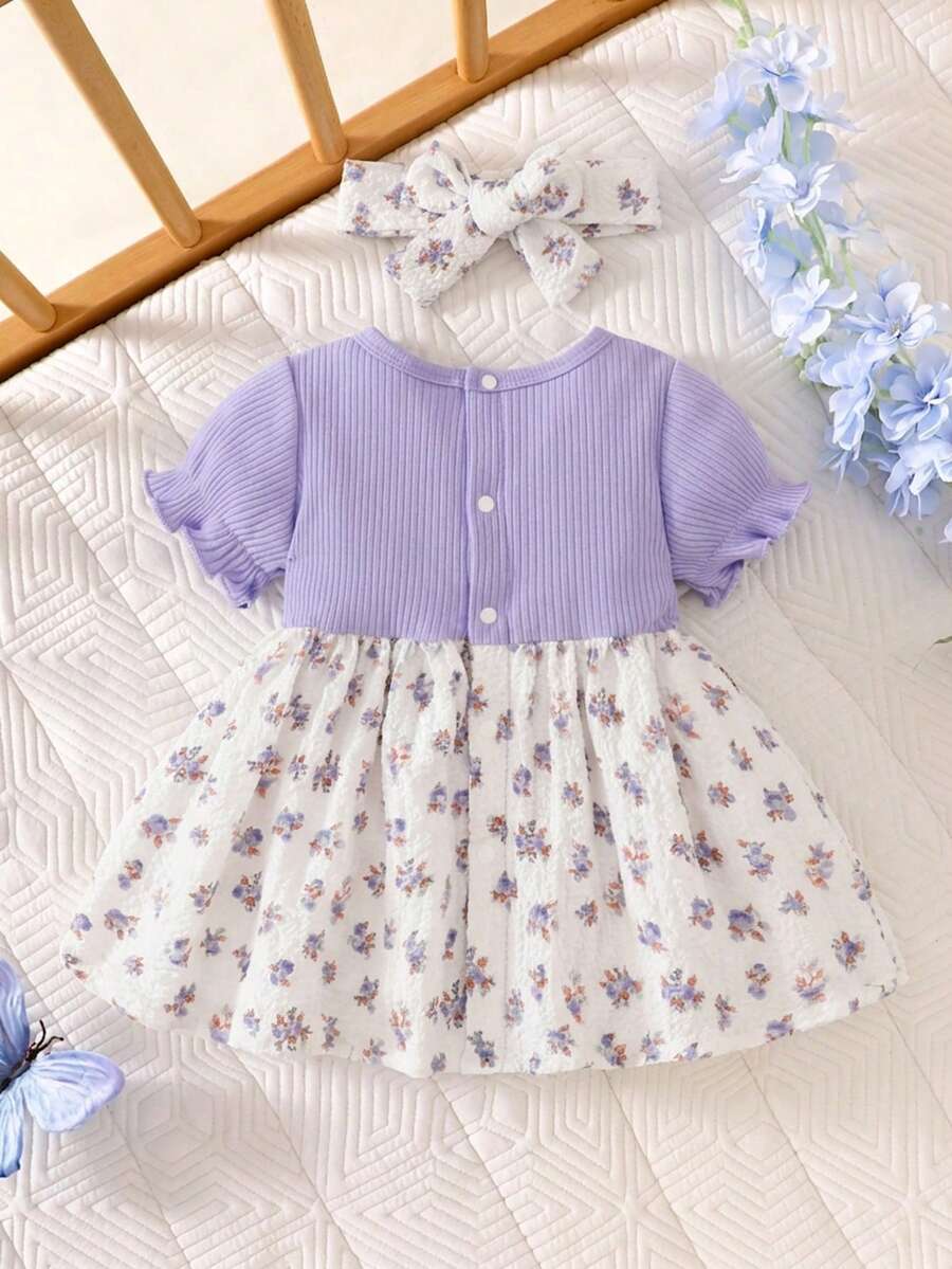 2PCS Baby Blue Floral Dress and Headband Set for Cute Summer Tea Parties and Outings