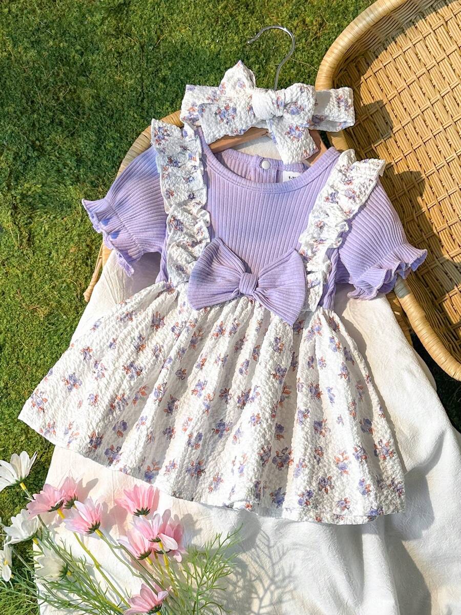 2PCS Baby Blue Floral Dress and Headband Set for Cute Summer Tea Parties and Outings