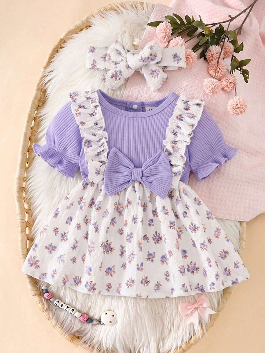 2PCS Baby Blue Floral Dress and Headband Set for Cute Summer Tea Parties and Outings