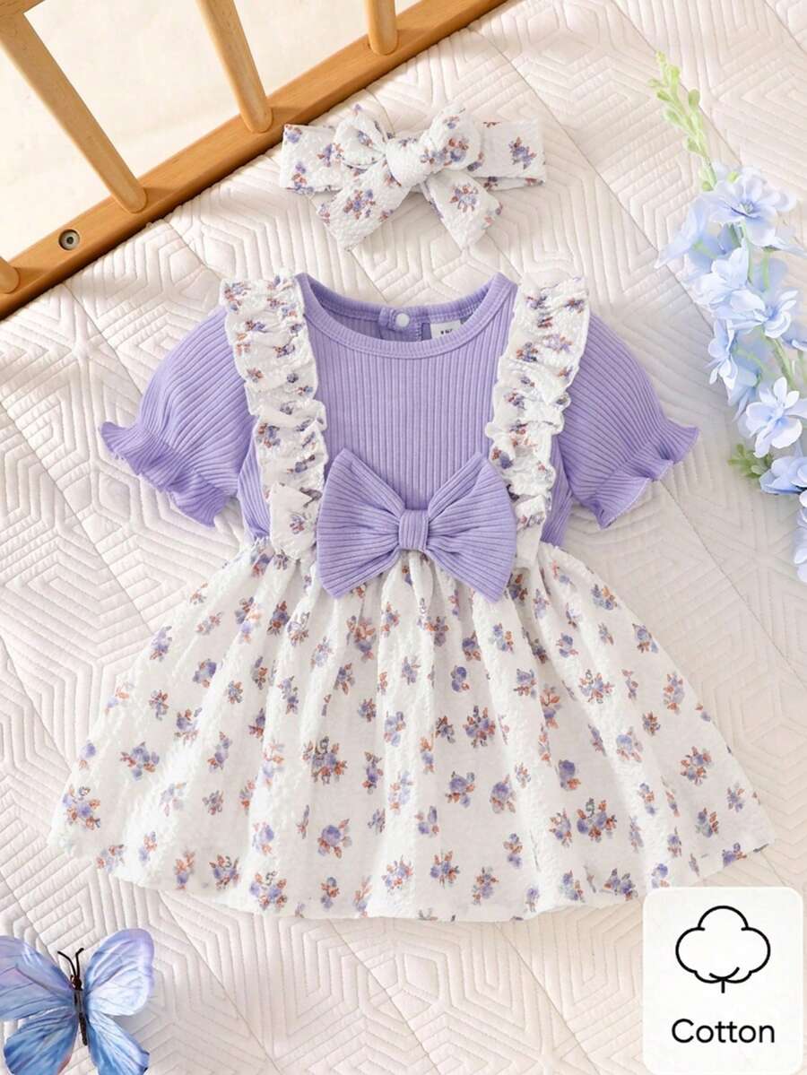 2PCS Baby Blue Floral Dress and Headband Set for Cute Summer Tea Parties and Outings
