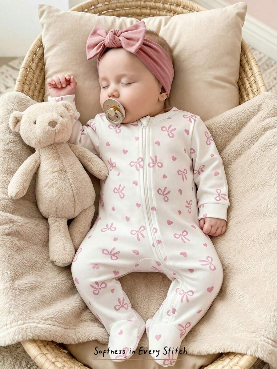 Floral Print Baby Girl Knit Romper with Long Sleeve Crew Neck Design