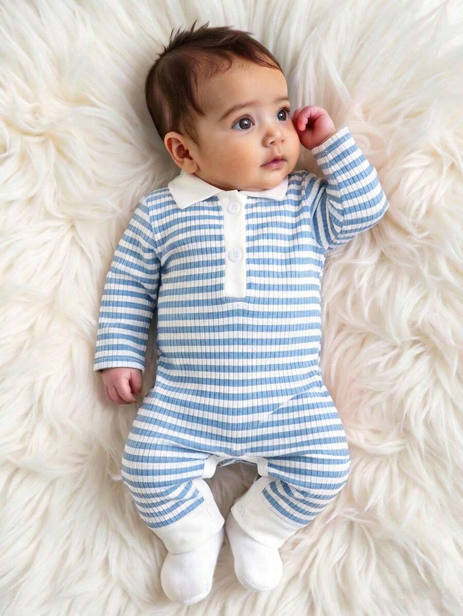 Baby Striped Collar Long Sleeve Jumpsuit for Cozy Daily Wear in Fall and Winter