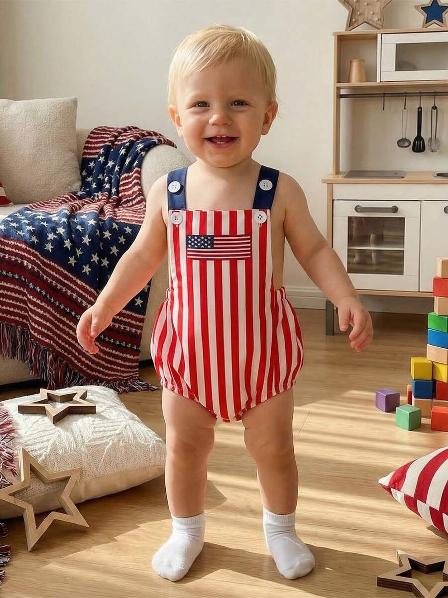 Infant 4th of July Jumpsuit with Flag Embroidery Sleeveless Square Neck Romper