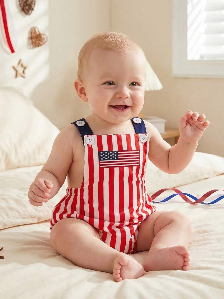 Infant 4th of July Jumpsuit with Flag Embroidery Sleeveless Square Neck Romper