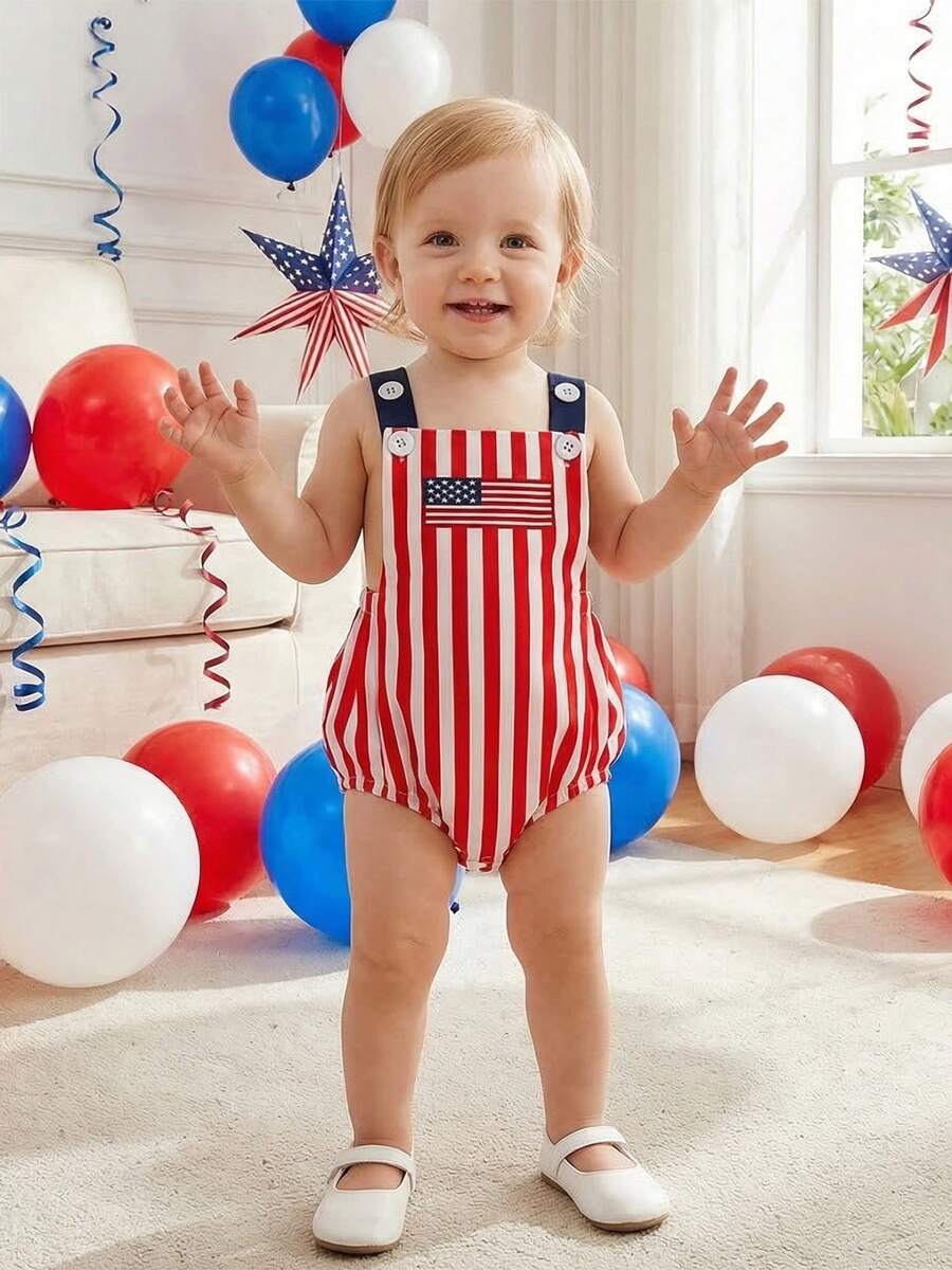 Infant 4th of July Jumpsuit with Flag Embroidery Sleeveless Square Neck Romper