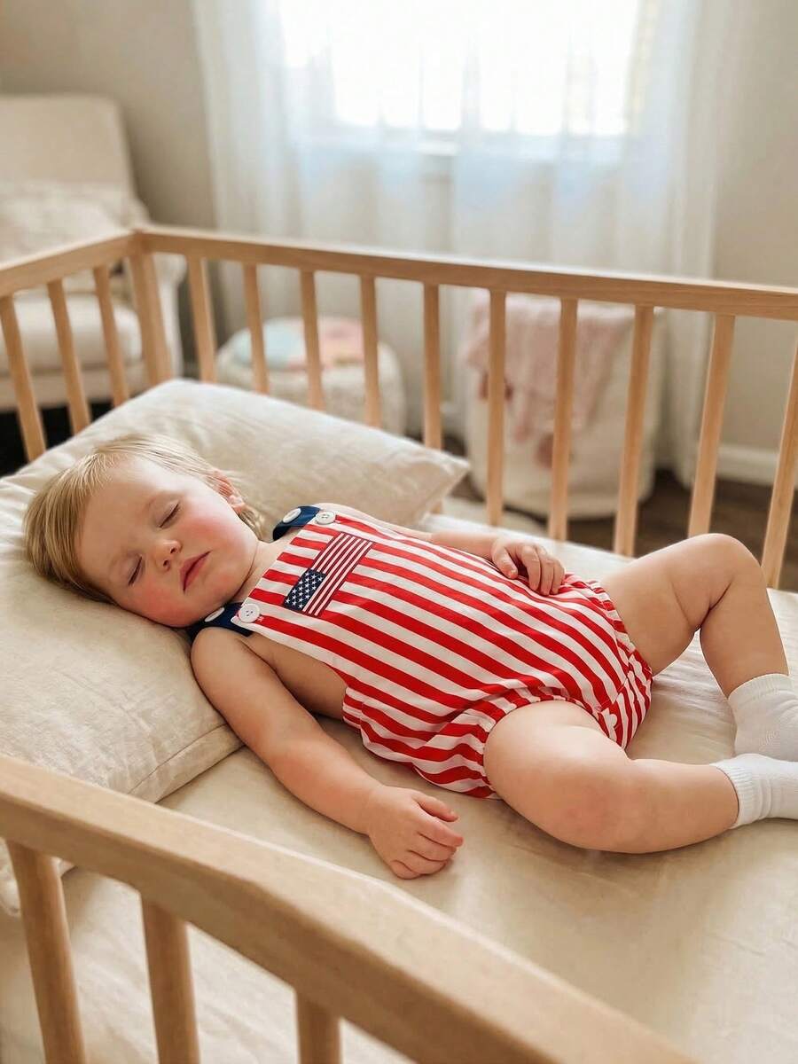 Infant 4th of July Jumpsuit with Flag Embroidery Sleeveless Square Neck Romper