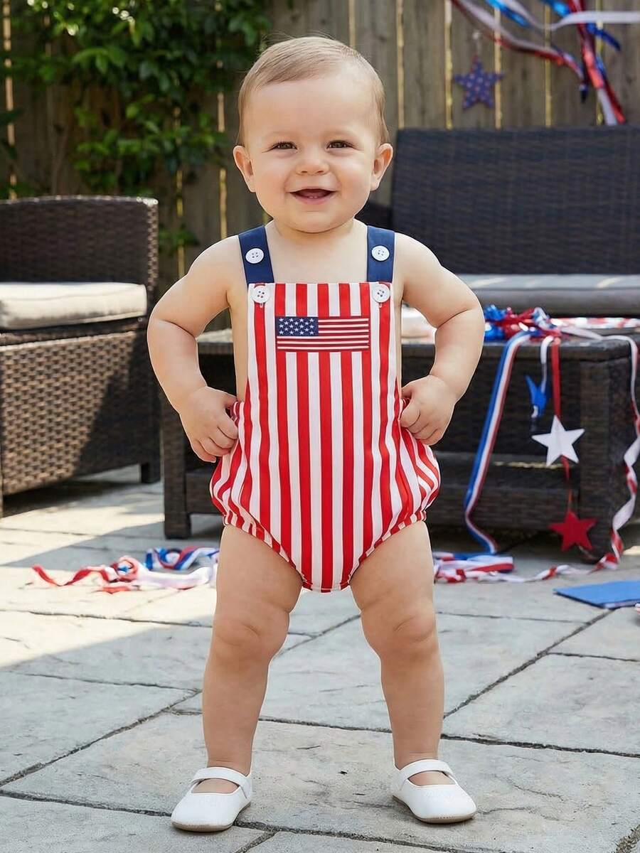 Infant 4th of July Jumpsuit with Flag Embroidery Sleeveless Square Neck Romper