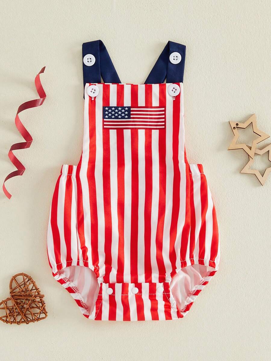 Infant 4th of July Jumpsuit with Flag Embroidery Sleeveless Square Neck Romper