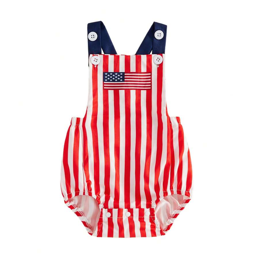 Infant 4th of July Jumpsuit with Flag Embroidery Sleeveless Square Neck Romper