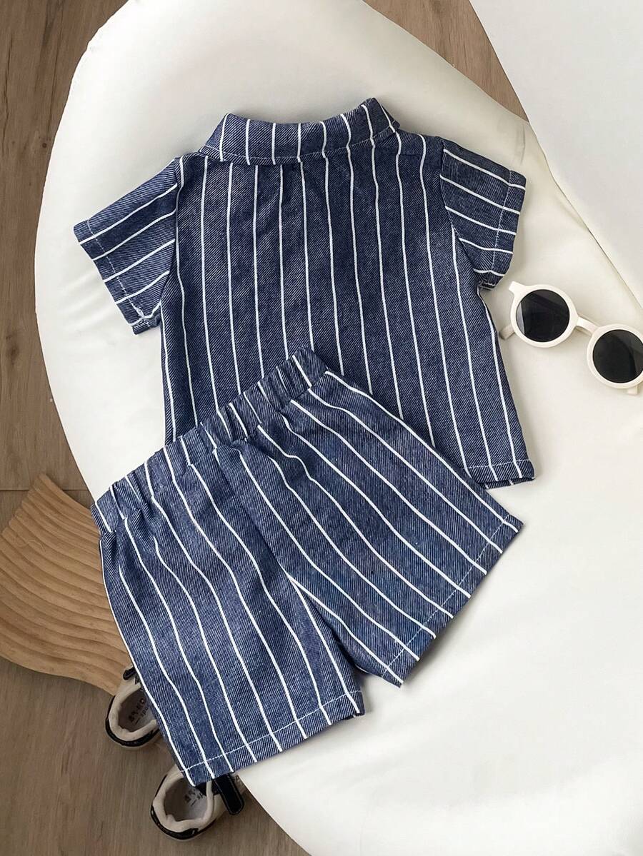 2pcs/Set Baby Boy Casual Striped Polo Collar Top & Shorts Summer Clothes