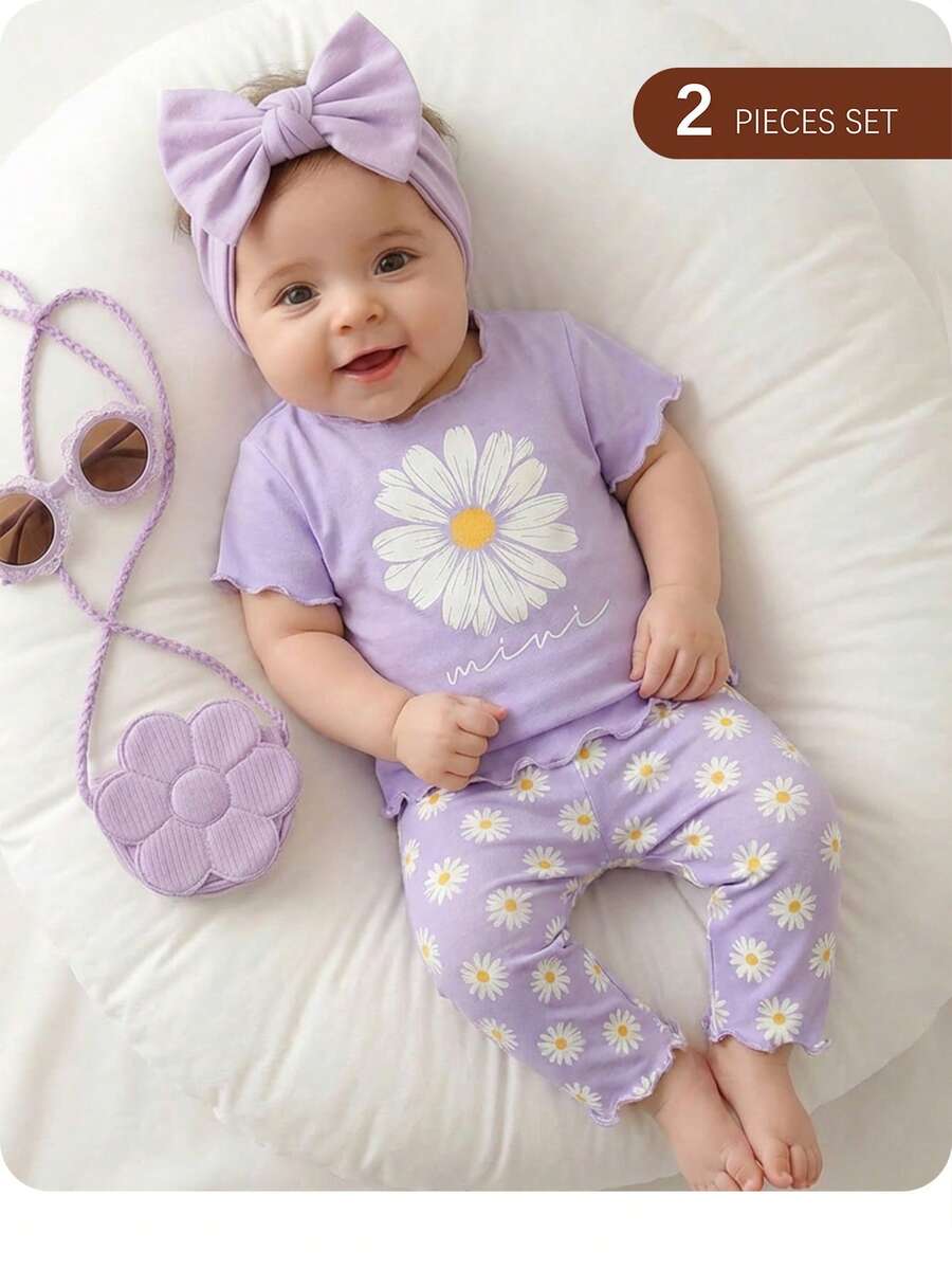 2PCS Baby Daisy Print T-Shirt and Shorts Set for Summer Daily Wear