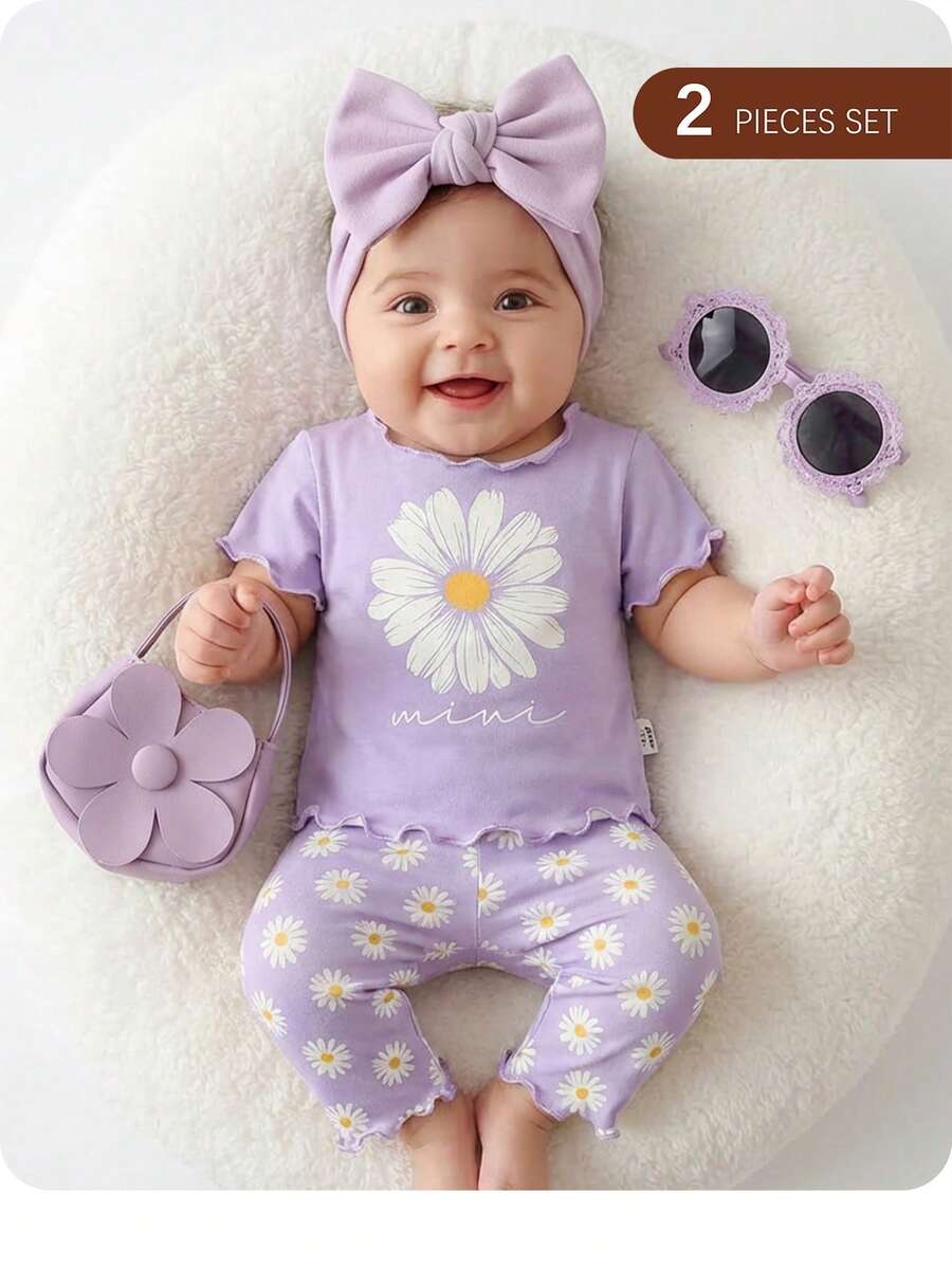 2PCS Baby Daisy Print T-Shirt and Shorts Set for Summer Daily Wear
