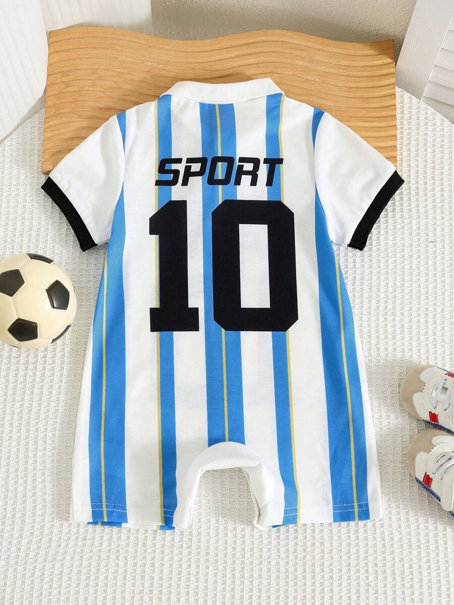 Unisex Newborn Baby Contrast Color Jacquard Polo Collar Half Zip Short Sleeve Jumpsuit Summer Outfit