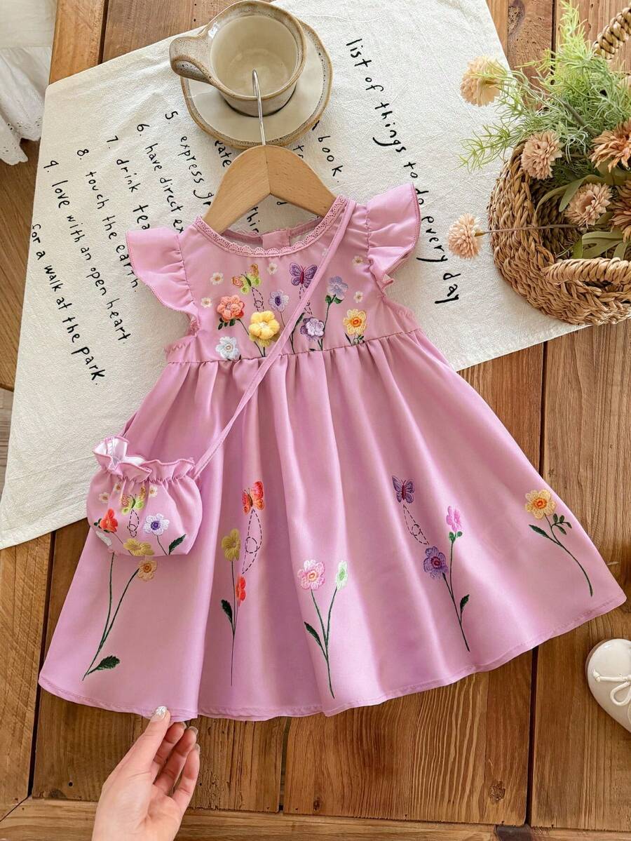 Infant Girl 2-Piece Embroidered Dress Set with Diagonal Shoulder Bag