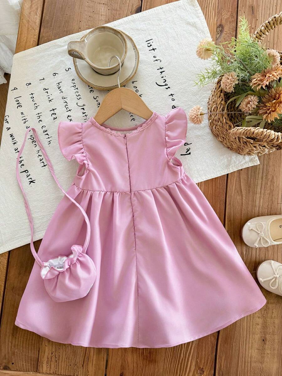 Infant Girl 2-Piece Embroidered Dress Set with Diagonal Shoulder Bag
