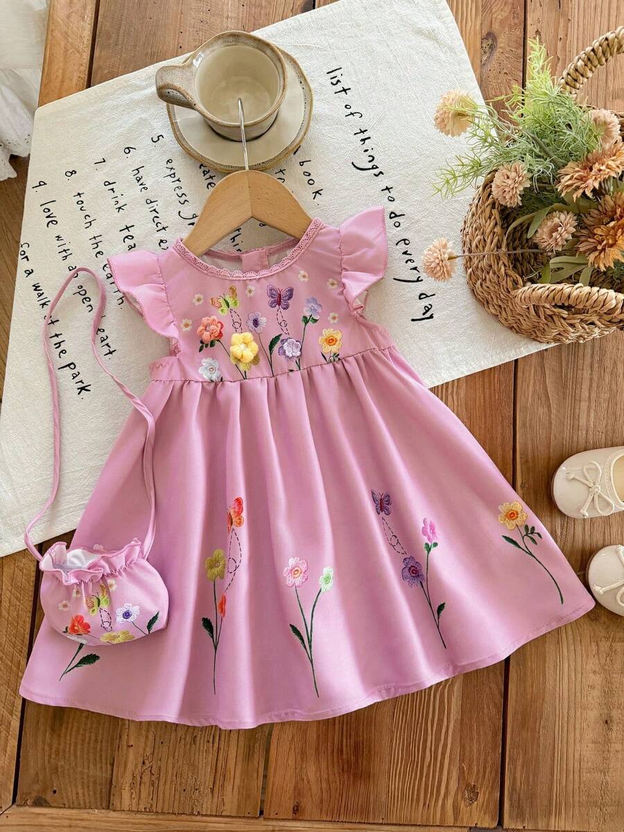 Infant Girl 2-Piece Embroidered Dress Set with Diagonal Shoulder Bag