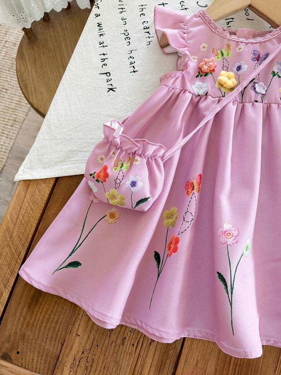 Infant Girl 2-Piece Embroidered Dress Set with Diagonal Shoulder Bag