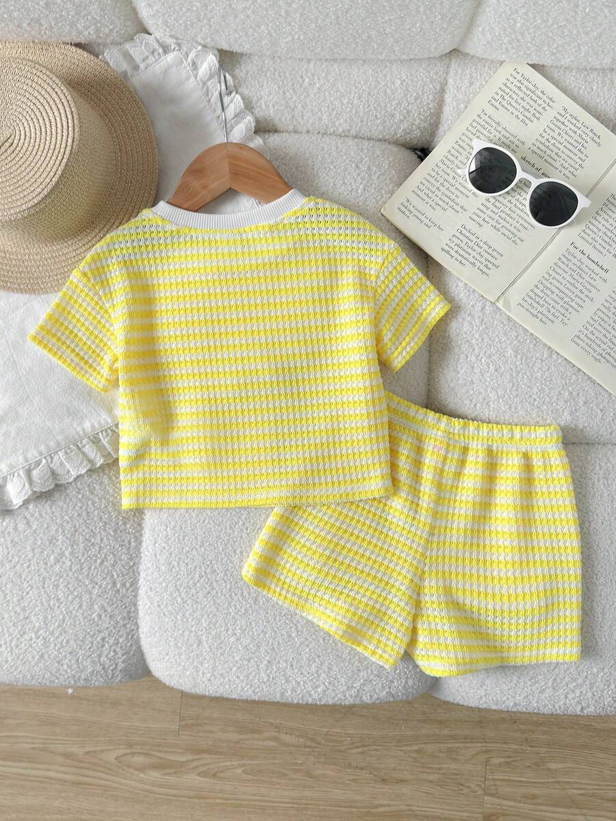 Rainbow Top And Elastic Waist Shorts Set For Toddler Girls Casual Wear
