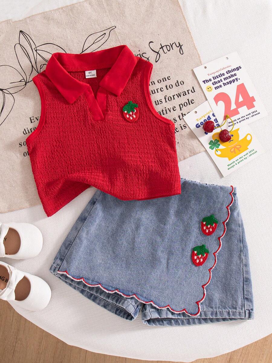 Toddler Girls Textured Knit Vest Top And Denim Skort Flower Embroidered Summer Outfit Set