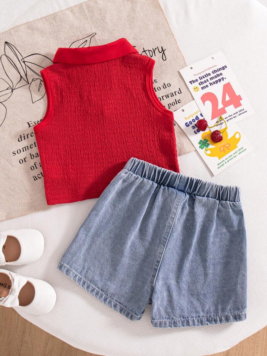 Toddler Girls Textured Knit Vest Top And Denim Skort Flower Embroidered Summer Outfit Set