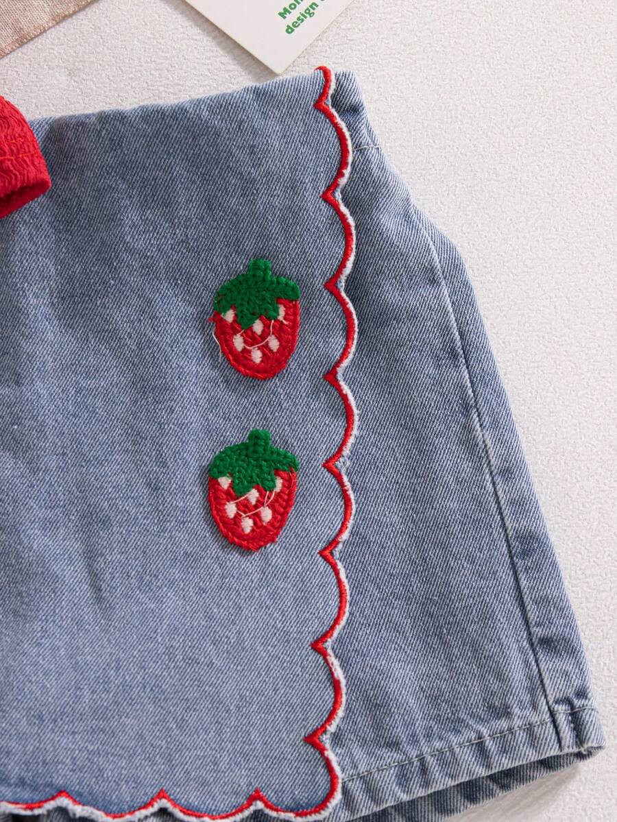 Toddler Girls Textured Knit Vest Top And Denim Skort Flower Embroidered Summer Outfit Set
