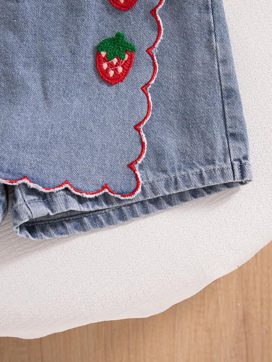 Toddler Girls Textured Knit Vest Top And Denim Skort Flower Embroidered Summer Outfit Set
