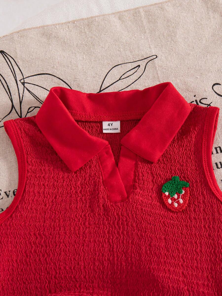 Toddler Girls Textured Knit Vest Top And Denim Skort Flower Embroidered Summer Outfit Set