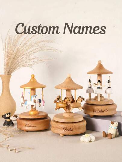 Personalized Wooden Carousel Music Box – Engraved Horse Gift