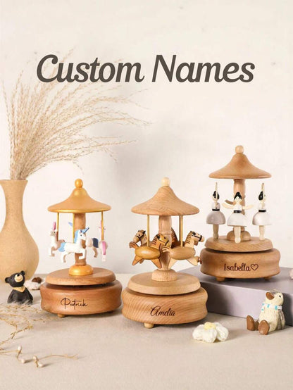 Personalized Wooden Carousel Music Box – Engraved Horse Gift
