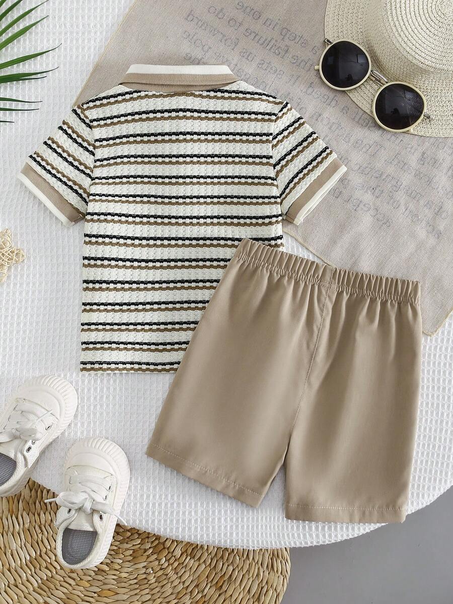 Playful Pals Baby Boy Khaki OOTD: Textured V-Neck and Striped Outfit