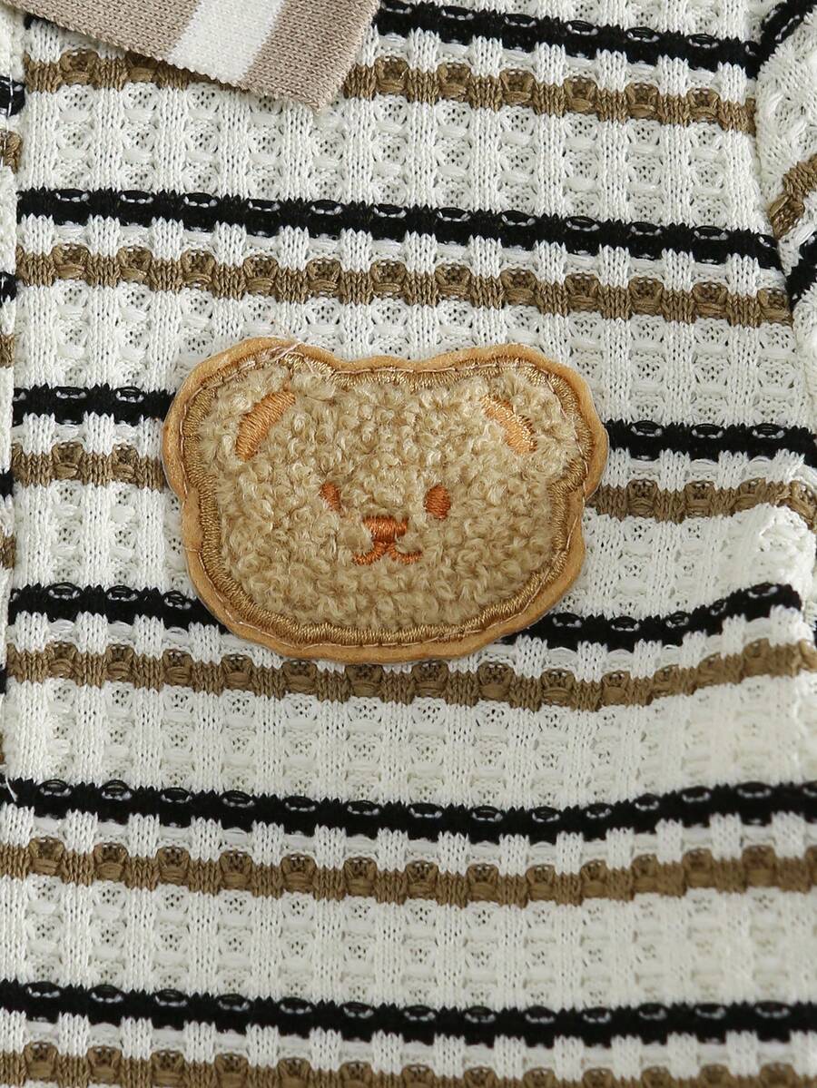 Playful Pals Baby Boy Khaki OOTD: Textured V-Neck and Striped Outfit
