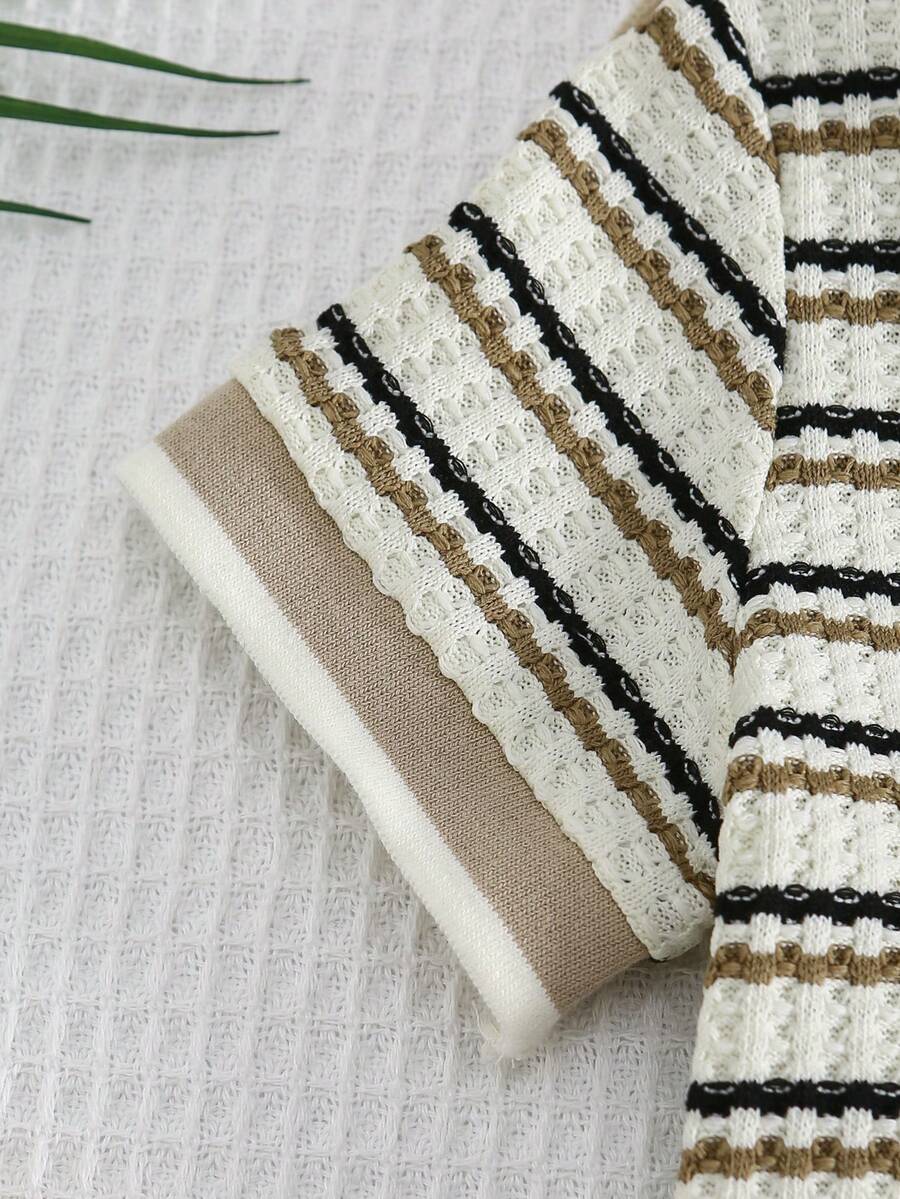 Playful Pals Baby Boy Khaki OOTD: Textured V-Neck and Striped Outfit