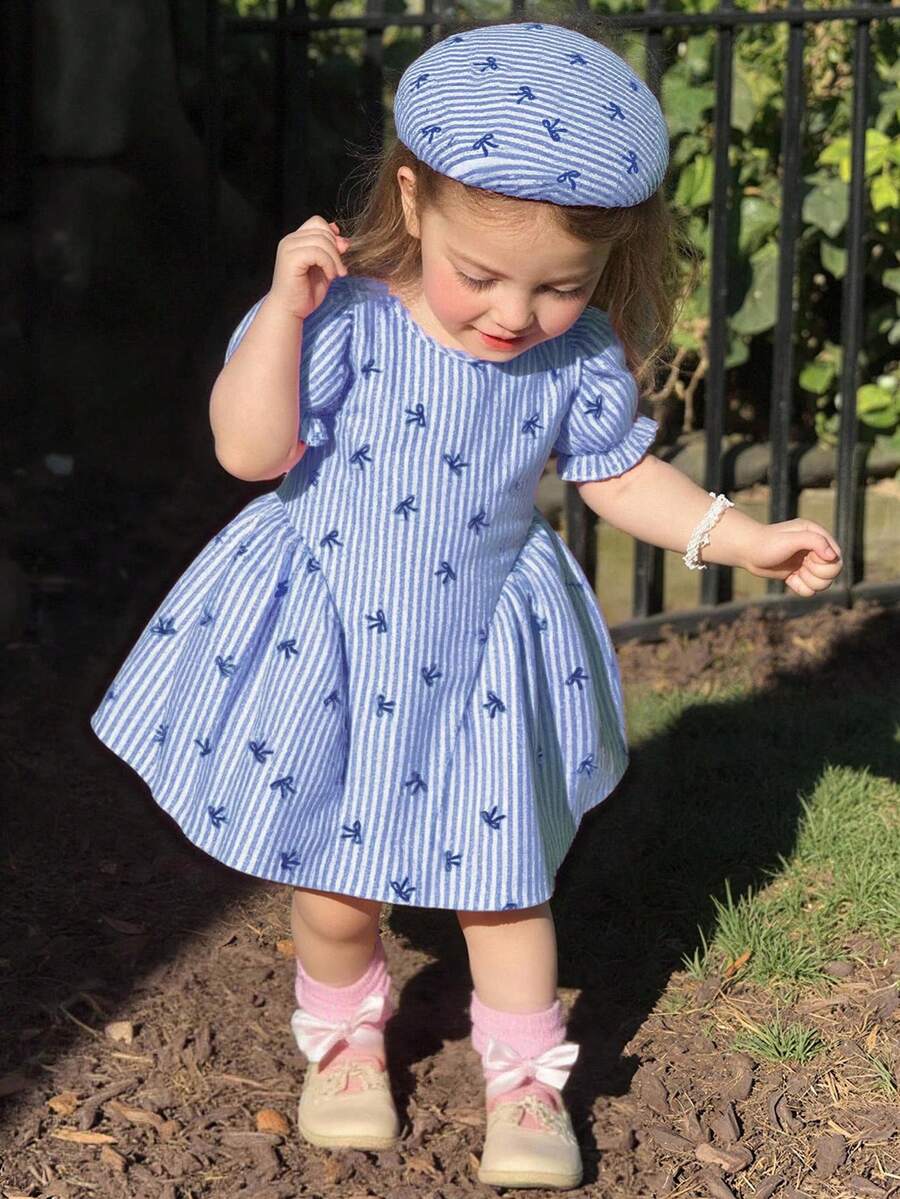 Baby Girls Cherry Plaid Dress And Beret Hat Set Cute Summer Vacation Outfit