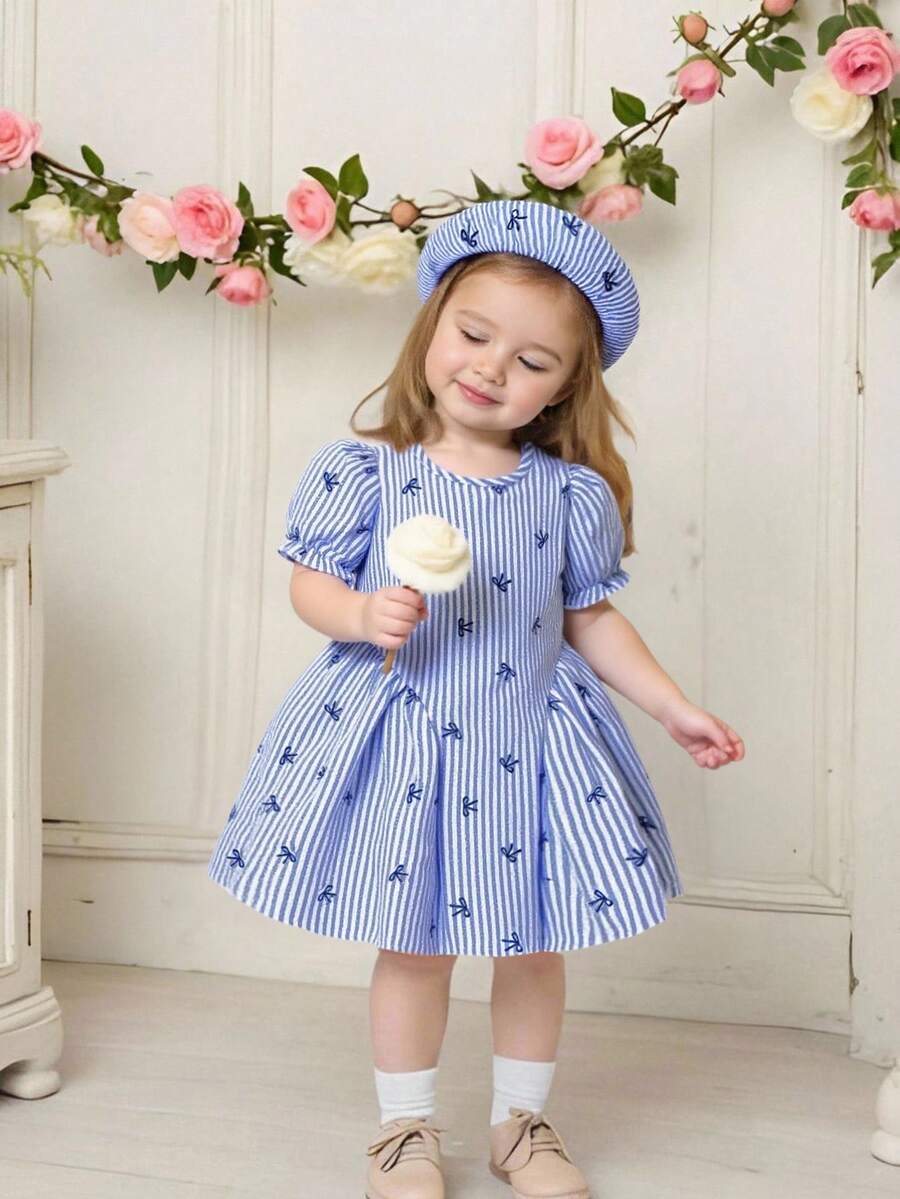 Baby Girls Cherry Plaid Dress And Beret Hat Set Cute Summer Vacation Outfit
