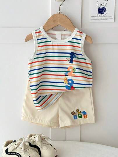 Baby Boy Striped Tank Top and Animal Embroidered Shorts 2 Piece Casual Summer Outfit Set