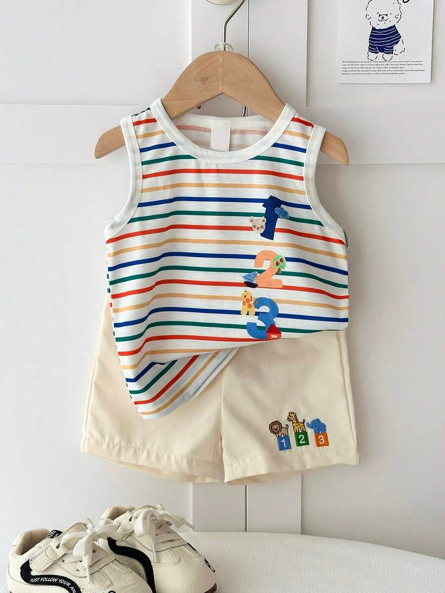 Baby Boy Striped Tank Top and Animal Embroidered Shorts 2 Piece Casual Summer Outfit Set