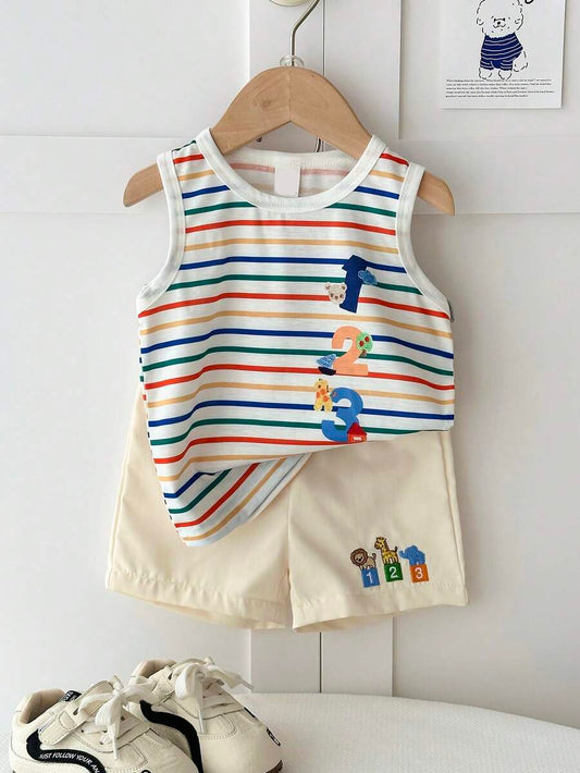 Baby Boy Striped Tank Top and Animal Embroidered Shorts 2 Piece Casual Summer Outfit Set