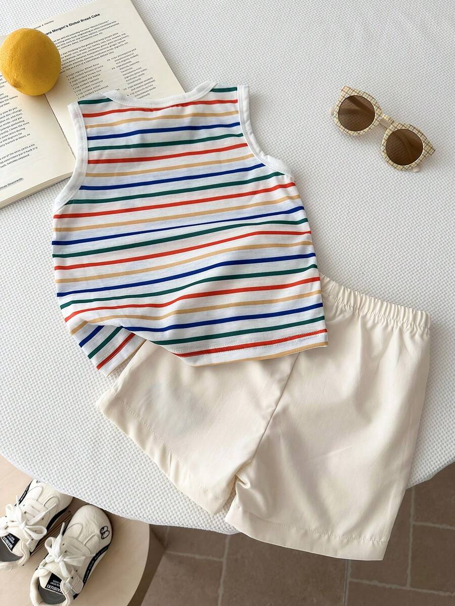Baby Boy Striped Tank Top and Animal Embroidered Shorts 2 Piece Casual Summer Outfit Set