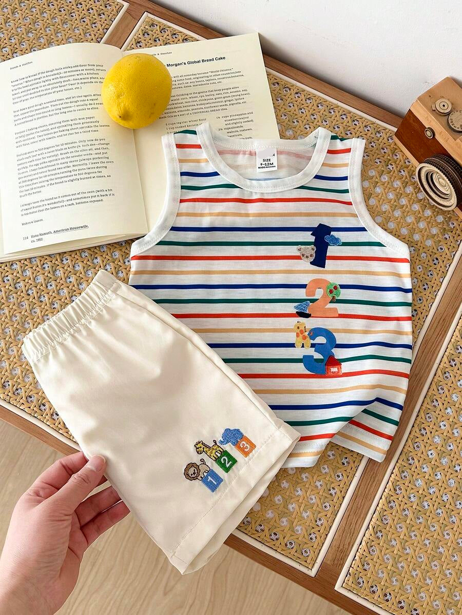 Baby Boy Striped Tank Top and Animal Embroidered Shorts 2 Piece Casual Summer Outfit Set