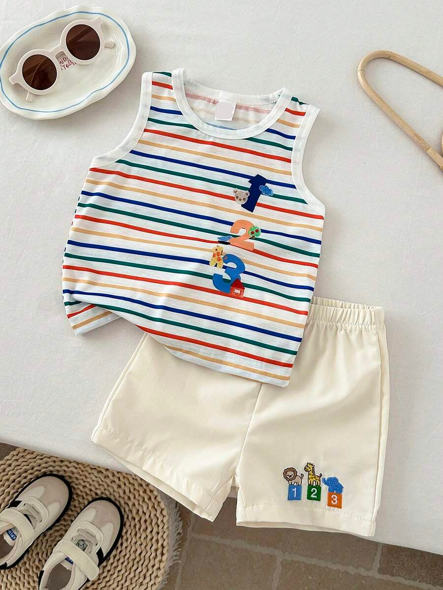 Baby Boy Striped Tank Top and Animal Embroidered Shorts 2 Piece Casual Summer Outfit Set