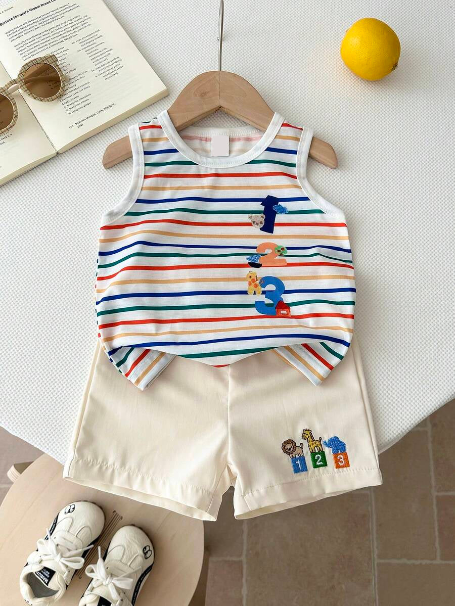 Baby Boy Striped Tank Top and Animal Embroidered Shorts 2 Piece Casual Summer Outfit Set