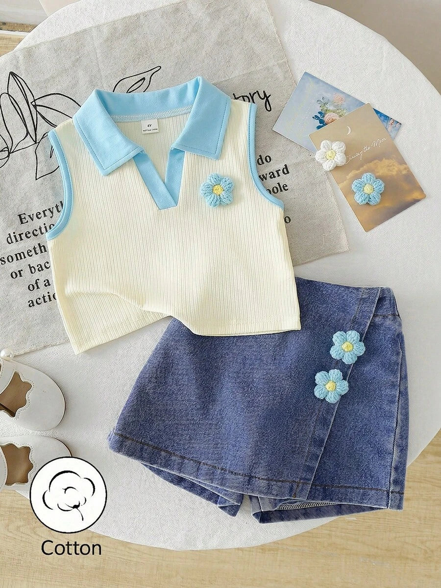 Toddler Girls Textured Knit Vest Top And Denim Skort Flower Embroidered Summer Outfit Set