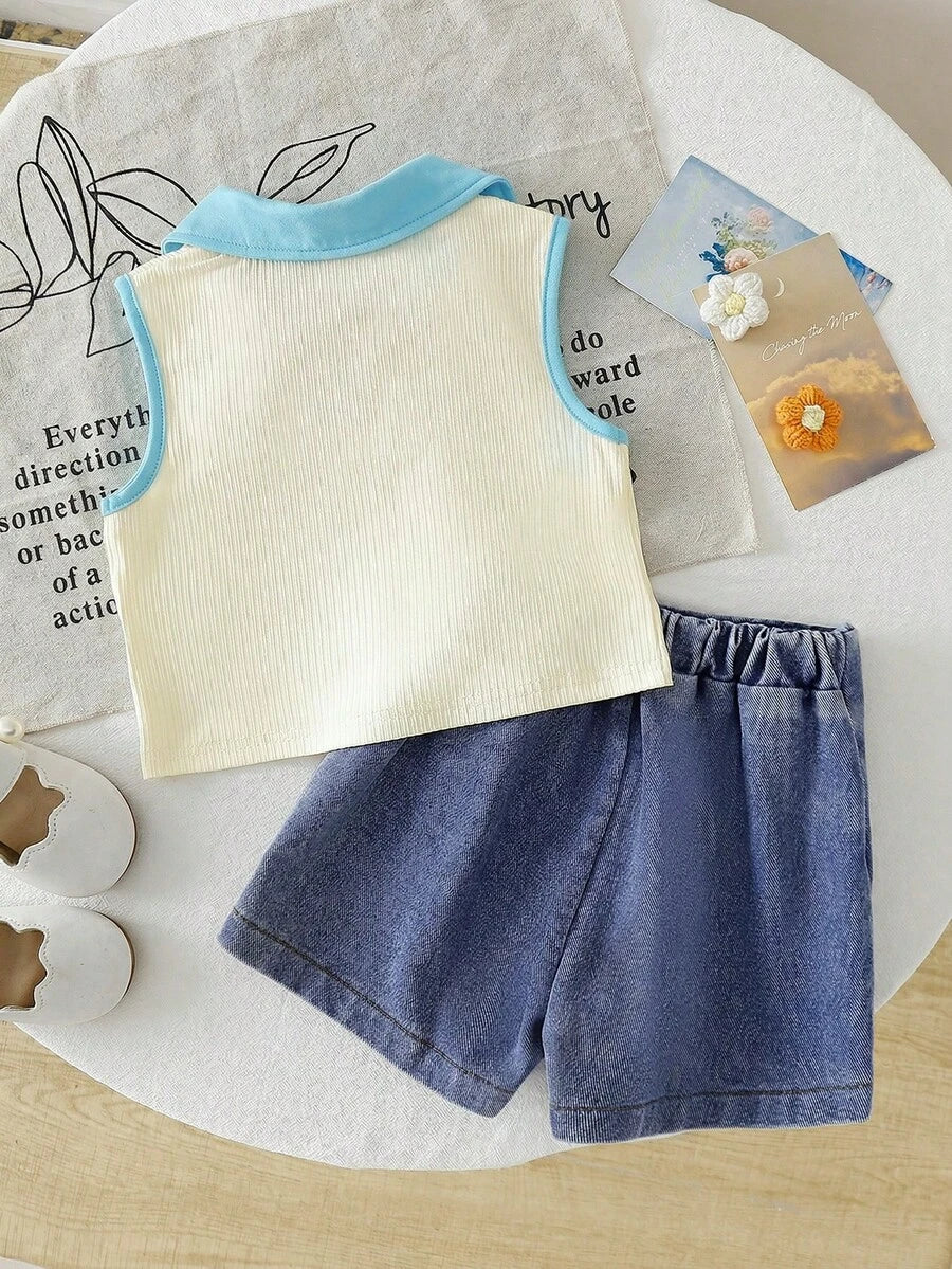 Toddler Girls Textured Knit Vest Top And Denim Skort Flower Embroidered Summer Outfit Set